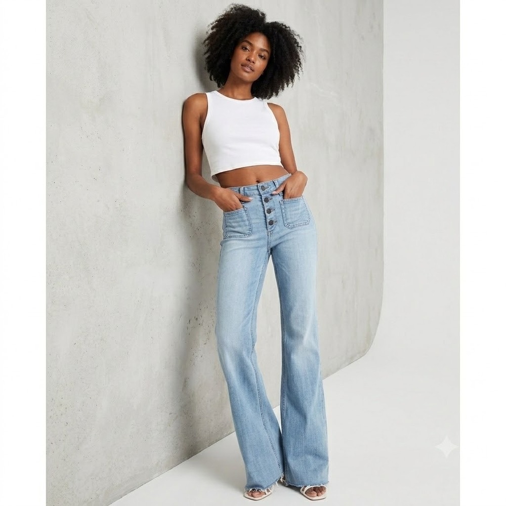Abercrombie Fitch Flare Jeans Womens 26 High Rise Patch Pocket Button Fly Blue - Picture 2 of 12